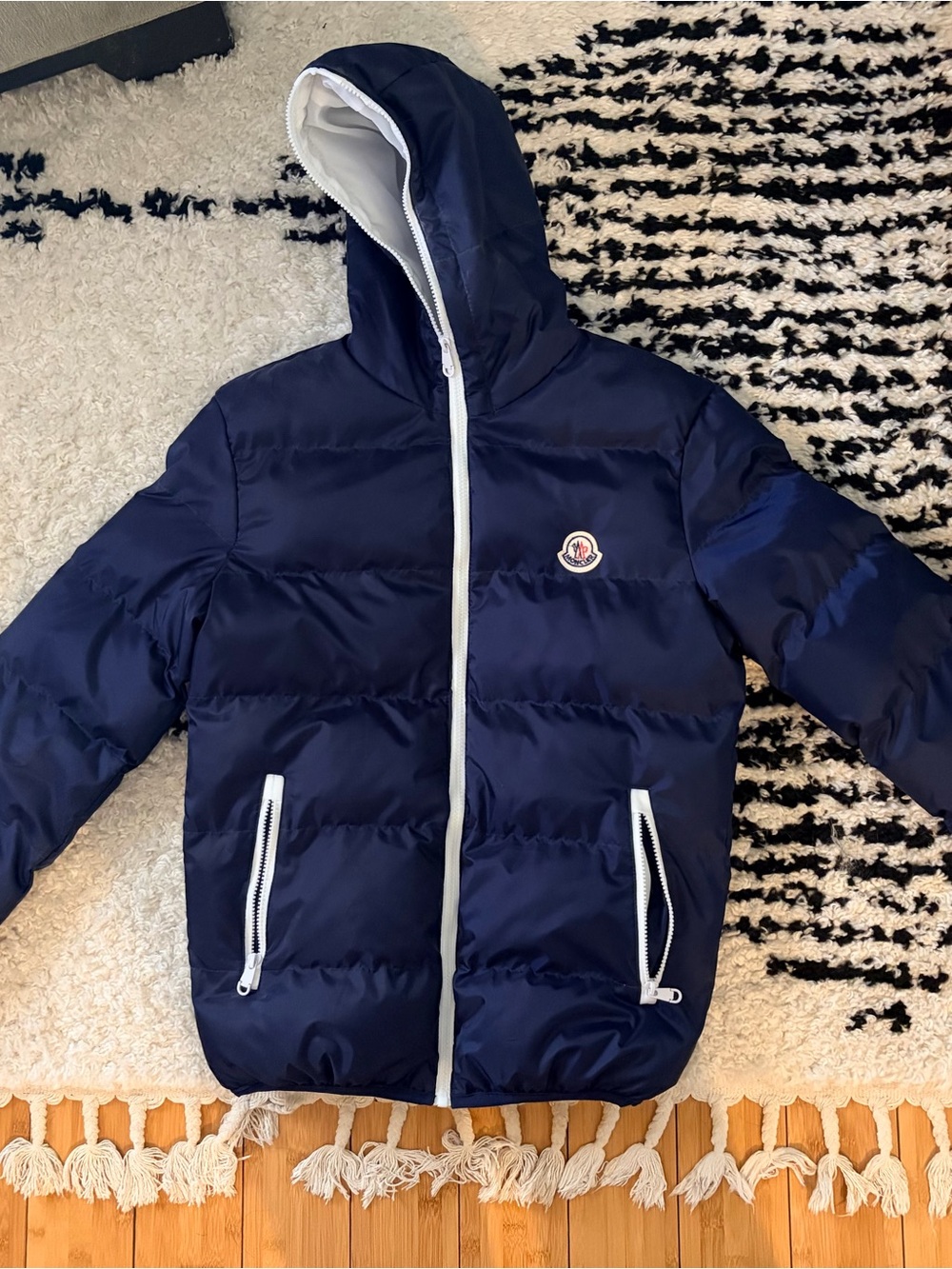 Moncler Navy Hooded Puffer Jacket with White Trim Accents
